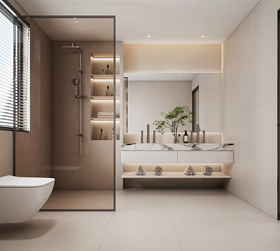 Modern Bathroom Interior With Glass Shower Double Vanity Mirror Storage Shelves And Plant 3d model