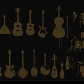 Various Golden Musical Instrument Outlines as Decorative Design Elements on Black Background 3d model