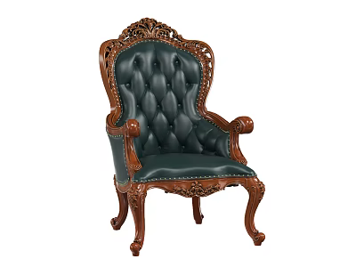 Classic Style Leisure Chair With Carved Wooden Frame And Dark Green Leather Tufted Design 3d model