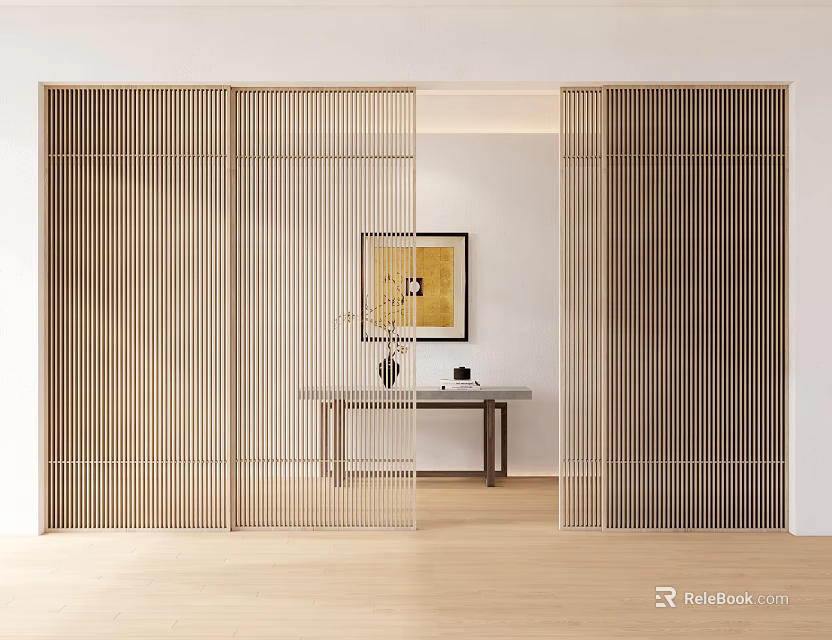 Modern Wooden Room Divider With Vertical Slats For Interior Space Separation 3d model