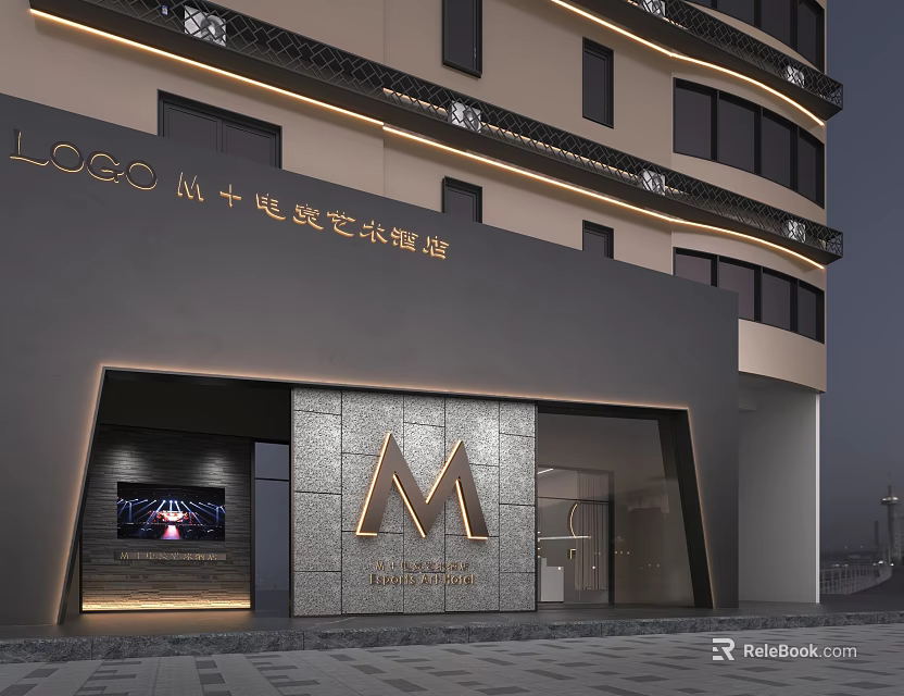 Modern Shopping Mall Store with M Logo Art Gallery Glass Door and Lighting 3d model 