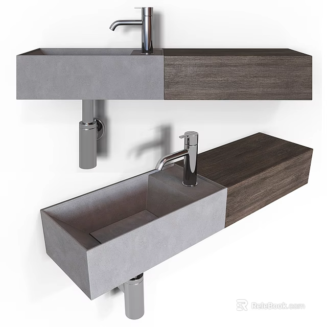 Modern Concrete Bathroom Sink With Wooden Countertop And Metal Faucet Design 3d model 