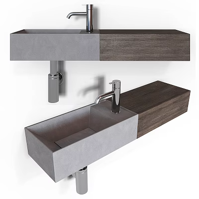Modern Concrete Bathroom Sink With Wooden Countertop And Metal Faucet Design 3d model