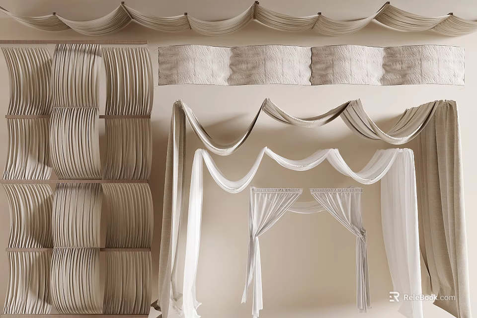 Elegant Ceiling Drapery Design With Soft Pleated Fabric And Hanging Decor Style 3d model 