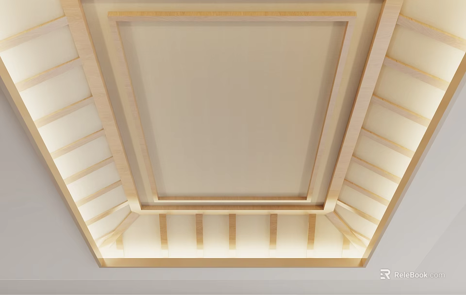 Modern Ceiling Design With Wooden Frame Light Panel And Recessed Lighting 3d model