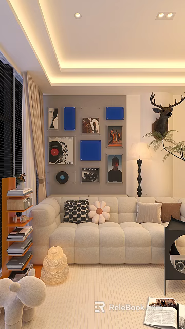 Elegant Living Room With Beige Sofa Wall Artworks Cushions Floor Lamp Deer Head And Greenery 3d model 