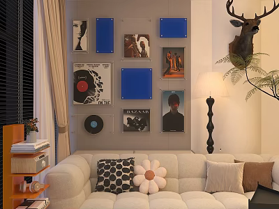 Elegant Living Room With Beige Sofa Wall Artworks Cushions Floor Lamp Deer Head And Greenery 3d model