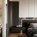 Modern Bedroom Interior Design With Bed Gray Quilt Black Headboard Nightstands Blue Wall And Rug