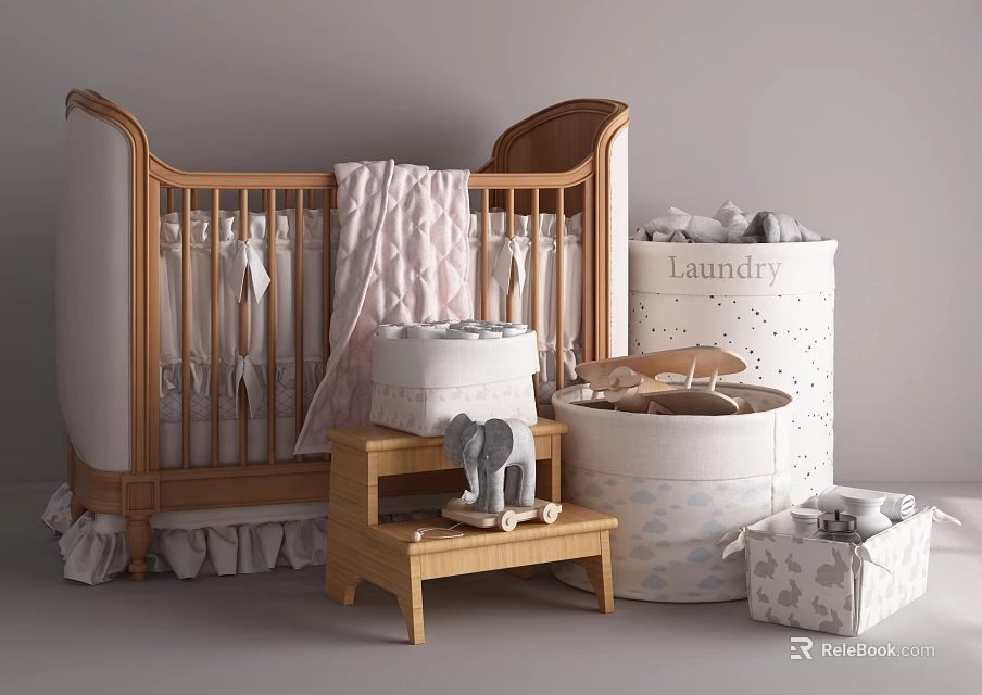 Cozy Wooden Baby Crib With Pink Blanket Laundry Hamper Step Stool And Stuffed Toys 3d model 