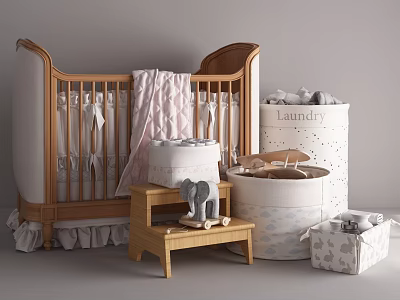 Cozy Wooden Baby Crib With Pink Blanket Laundry Hamper Step Stool And Stuffed Toys 3d model