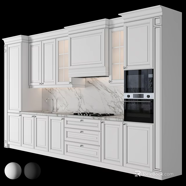 Sleek White Kitchen Cabinets With Marble Countertop And Modern Appliances 3d model 