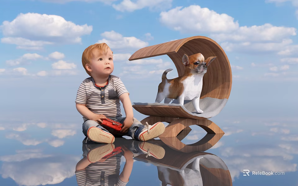 Toddler Watching Small Reptile On Unique Wooden Structure With Sky And Water Reflection 3d model 
