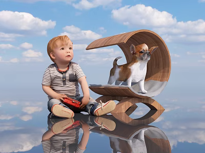 Toddler Watching Small Reptile On Unique Wooden Structure With Sky And Water Reflection 3d model
