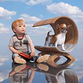 Toddler Watching Small Reptile On Unique Wooden Structure With Sky And Water Reflection