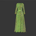 Elegant Long Dress With Blue Red Floral Pattern Long Sleeves Red Cuffs And Belt Detail