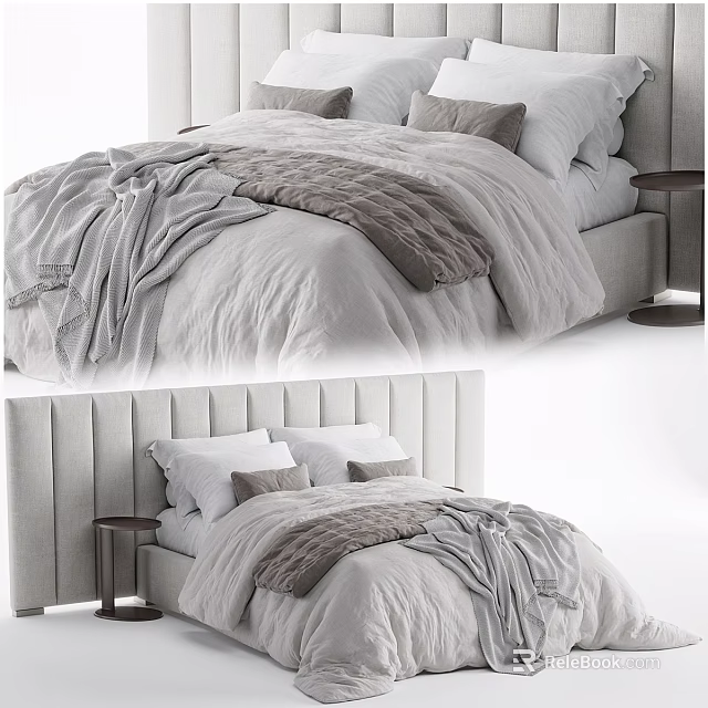 Cozy Modern Double Bed With Light Gray And White Bedding Padded Headboard Side Nightstand 3d model 