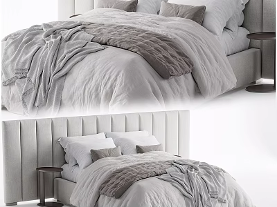 Cozy Modern Double Bed With Light Gray And White Bedding Padded Headboard Side Nightstand 3d model