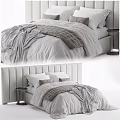 Cozy Modern Double Bed With Light Gray And White Bedding Padded Headboard Side Nightstand