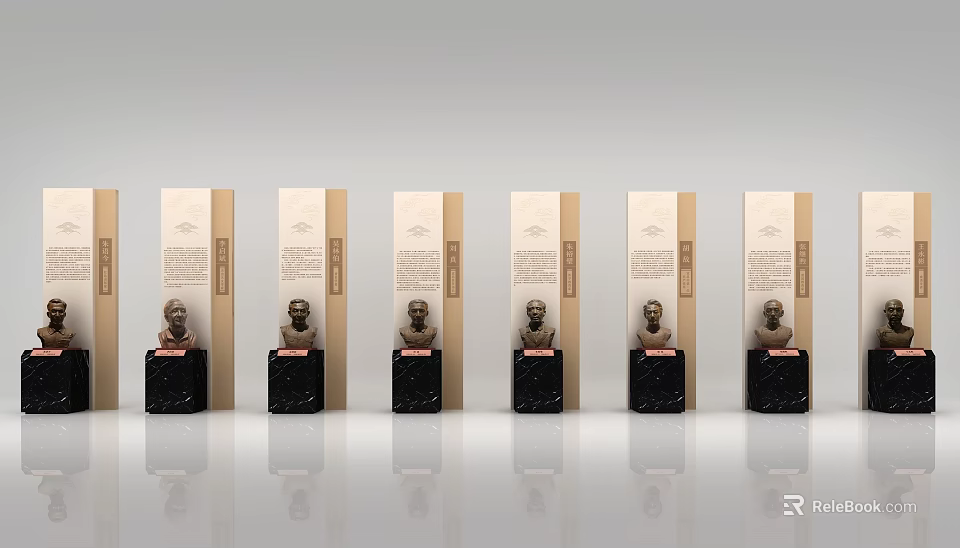 Museum Exhibition Of Neatly Arranged Artifacts On Black Pedestals With Text Panels 3d model 