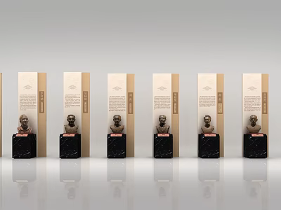Museum Exhibition Of Neatly Arranged Artifacts On Black Pedestals With Text Panels 3d model