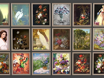 Oil Paintings Collection With Various Themes Including Flowers Portraits And Landscapes In Frames 3d model