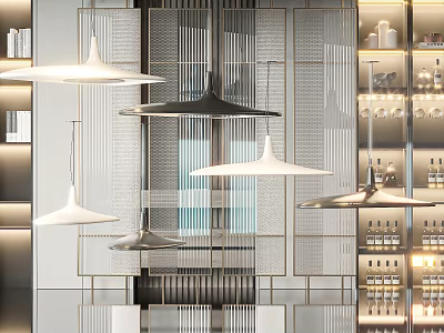 Modern Metallic Pendant Lights Hanging In Interior With Glass Shelves And Decorative Frames 3d model