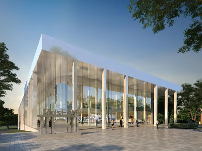 Modern Museum Architecture Featuring Glass Facade White Columns And Tree Surrounded Entrance 3d model