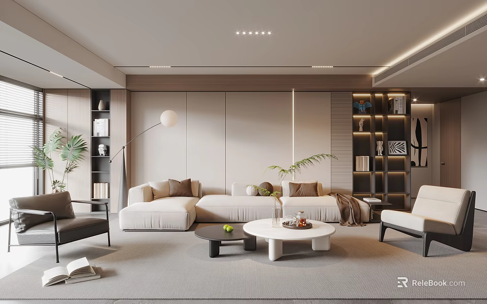 Modern Neutral Gray Living Room Interior With Sofa Coffee Table Bookshelves Green Plants Floor Lamp 3d model 
