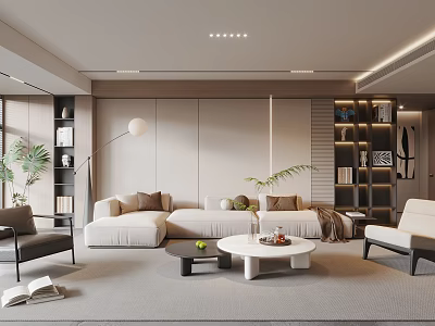 Modern Neutral Gray Living Room Interior With Sofa Coffee Table Bookshelves Green Plants Floor Lamp 3d model