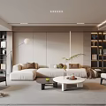 Modern Neutral Gray Living Room Interior With Sofa Coffee Table Bookshelves Green Plants Floor Lamp