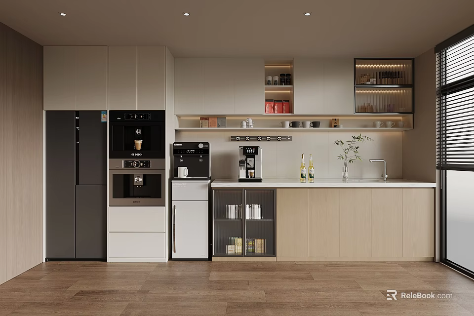 Modern Tea Room Interior With Cabinets Coffee Machine Microwave And Plants 3d model 