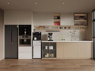 Modern Tea Room Interior With Cabinets Coffee Machine Microwave And Plants 3d model