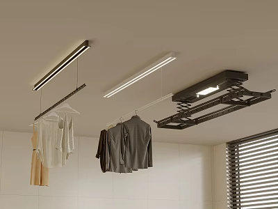 Modern Indoor Laundry Space With Ceiling Lights Clothes Hangers And Blinds 3d model