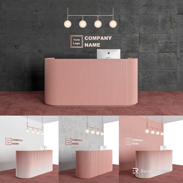 Modern Pink Storefront Reception Desk With Vertical Stripe Design Dark Wall And Pendant Lights 3d model 
