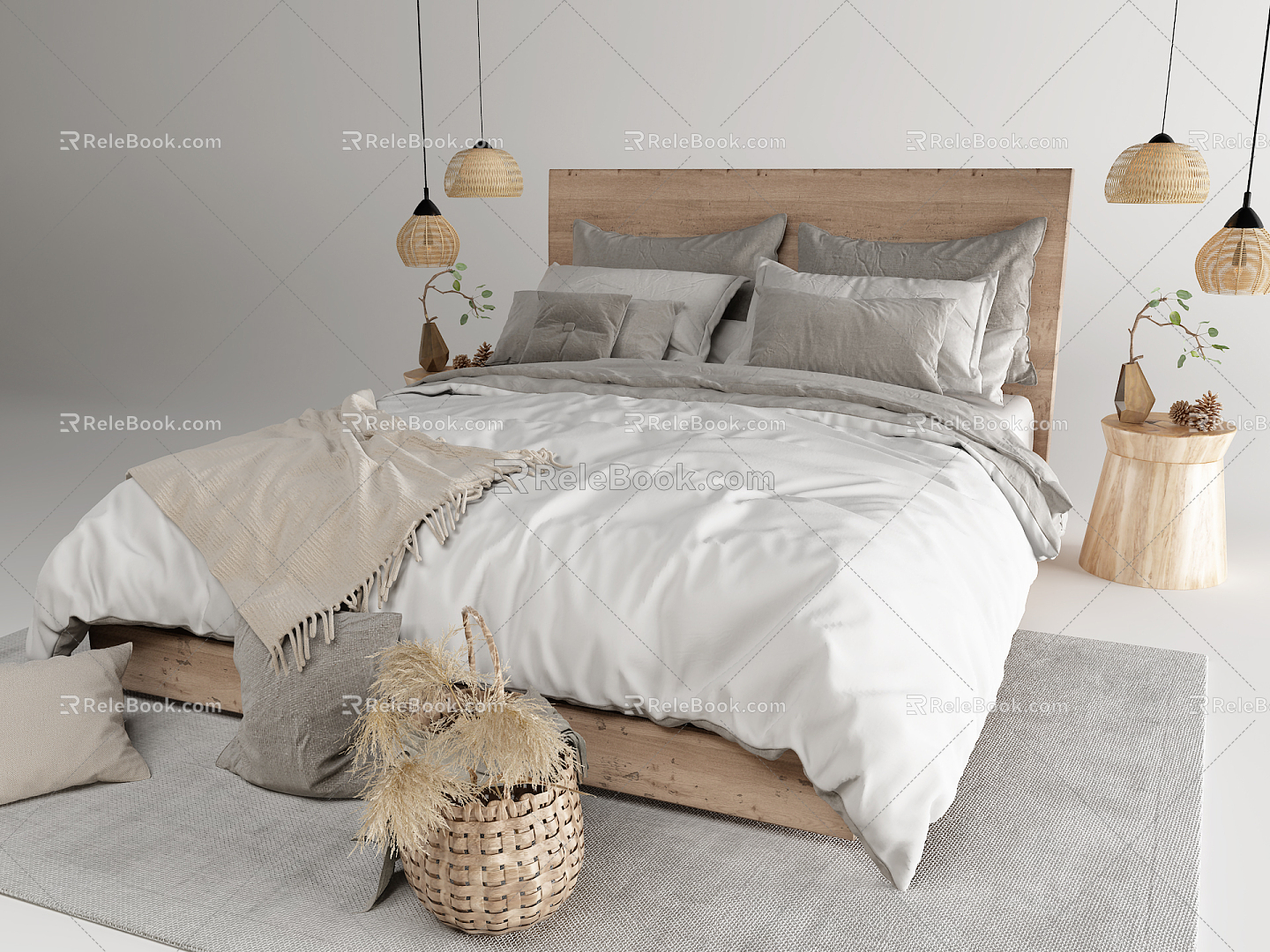 Nordic Double Bed Natural Homestay Bed Original Wooden Bed 3d model