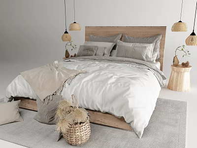 Double Bed With Wooden Headboard White Bedding Gray Pillows And Hanging Lamps On Soft Rug 3d model