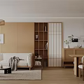 Modern Living Room Interior With Wooden Bookshelf Sliding Screen White Sofa And Woven Pendant Light