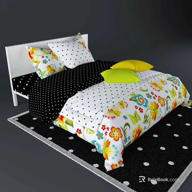 Double Bed with White Headboard Colorful Floral Quilt Black Polka Dot Rug and Accent Pillows 3d model 