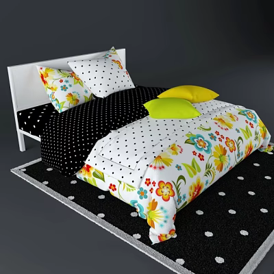 Double Bed with White Headboard Colorful Floral Quilt Black Polka Dot Rug and Accent Pillows 3d model
