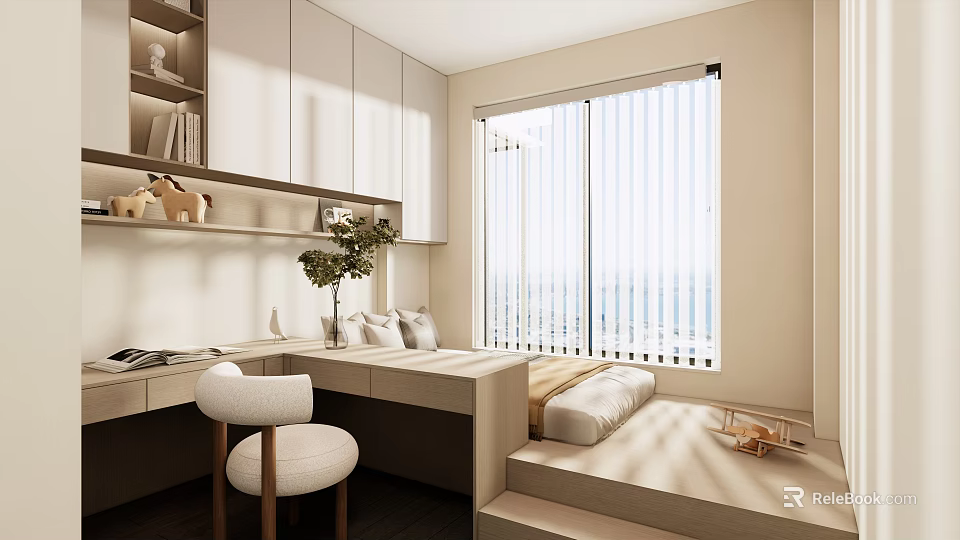 Tatami Bedroom Interior With Desk Chair Shelves And Large Window Blinds 3d model 