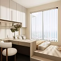 Tatami Bedroom Interior With Desk Chair Shelves And Large Window Blinds