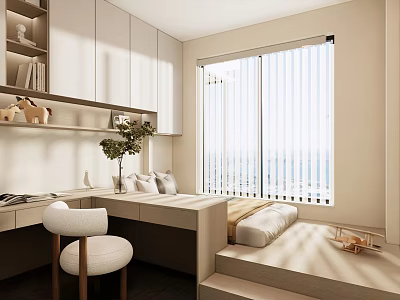 Tatami Bedroom Interior With Desk Chair Shelves And Large Window Blinds 3d model