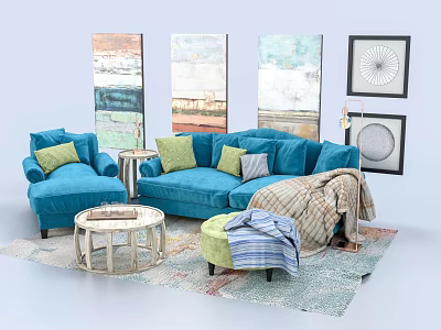 Modern Cozy Living Room Furniture With Blue Sofa Throw Pillows Coffee Table And Wall Paintings 3d model