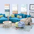 Modern Cozy Living Room Furniture With Blue Sofa Throw Pillows Coffee Table And Wall Paintings