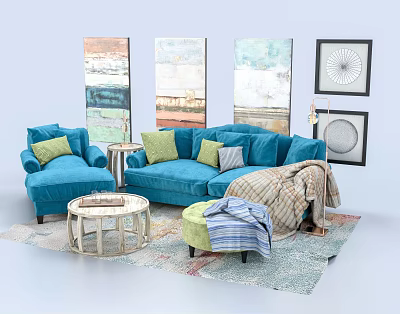 Modern Cozy Living Room Furniture With Blue Sofa Throw Pillows Coffee Table And Wall Paintings 3d model
