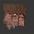 Gothic Architecture Inspired Ornate Bookshelf With Carved Details Multiple Shelves Staircase And Side Table
