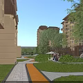 Residential Landscape With Modern Apartment Buildings Green Trees Pond Rocks And Lawn