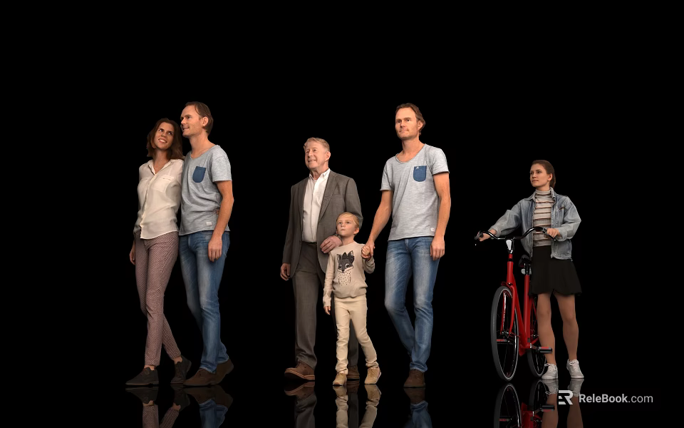 Group of People Standing Together with Bicycle on Reflective Black Background 3d model 