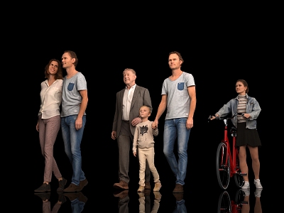 Multi-person parent-child family father-son couple old man child bicycle woman man model handsome man beautiful woman atmosphere passers-by walking 3d model