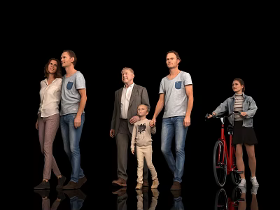 Group of People Standing Together with Bicycle on Reflective Black Background 3d model